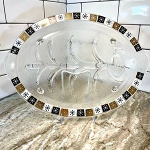 Vintage Fire King Tree of Life Meat Platter Atomic Black white & Gold Snowflakes